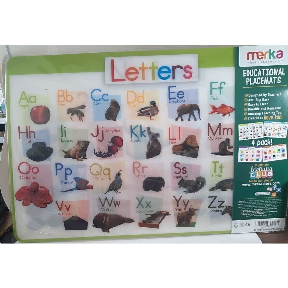 Merka Educational Placemats Letters Numbers Shapes Colors- 4 Pack